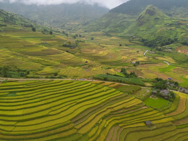 stock image Aerial top view of fresh paddy rice terraces, green agricultural fields in countryside or rural area of Mu Cang Chai, mountain hills valley in Asia, Vietnam. Nature landscape background.