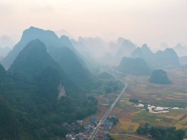 Taze çeltik pirinç terasları, Cao Bang 'in kırsal ya da kırsal kesimindeki yeşil tarım alanları, Asya' daki dağ tepeleri vadisi, Vietnam, Çin sınırı. Doğa manzarası arka planı.