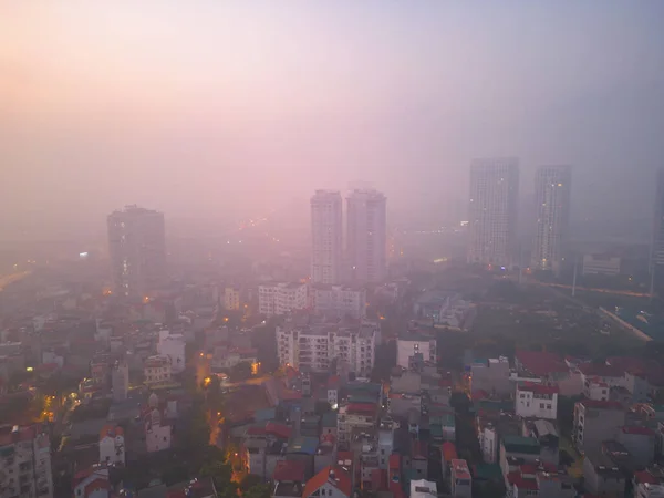 Vista Aérea Hanoi Downtown Skyline Con Niebla Vietnam Distrito Financiero —  Fotos de Stock