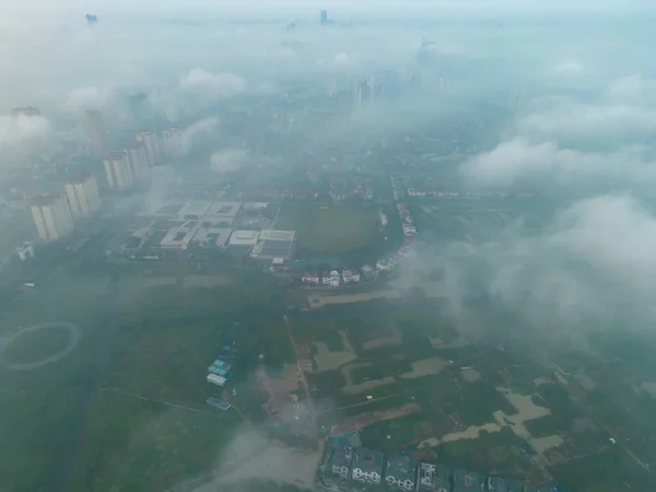 Vista Aérea Hanoi Downtown Skyline Con Niebla Vietnam Distrito Financiero —  Fotos de Stock