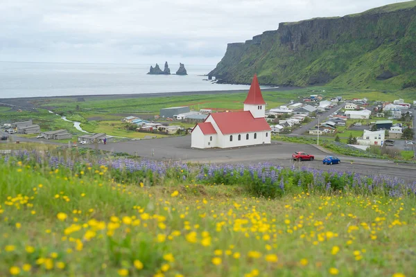 Reyniskirkja Kirche Mit Lupinenblumen Vik Stadt Der Sommersaison Island — Stockfoto