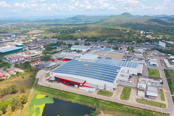 Aerial View Solar Panels Solar Cells Roof Factory Building Rooftop — Stockfoto