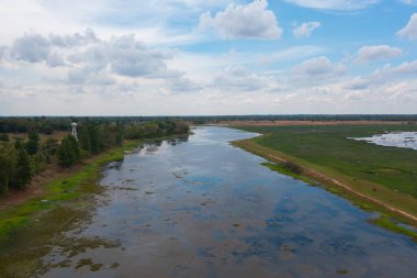 Yeşil orman ağaçları, nehir, gölet ya da göl olan bir bahçe parkının havadan görünüşü. Doğa manzarası arka planı, Tayland.