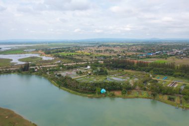 Yeşil orman ağaçları, nehir, gölet ya da göl olan bir bahçe parkının havadan görünüşü. Doğa manzarası arka planı, Tayland.