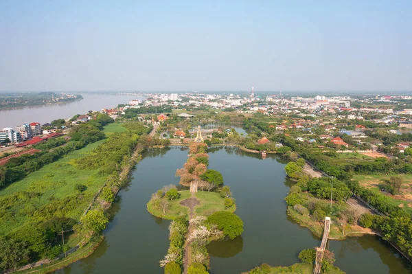 Vista Aérea Parque Jardín Con Árboles Bosque Verde Río Estanque — Foto de Stock