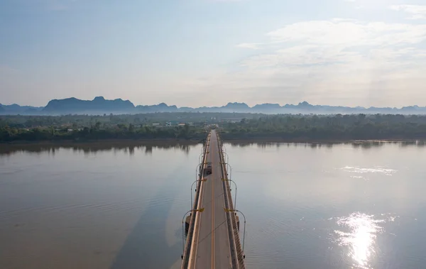 Luchtfoto Van Thaise Laos Brug Met Mekong Rivier Met Groene — Stockfoto