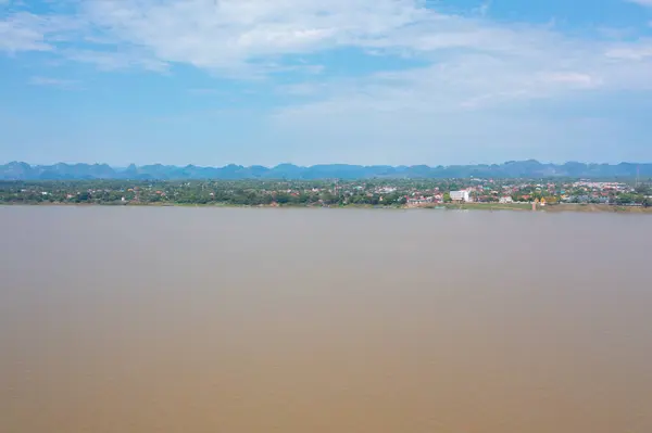 Vista Aerea Del Fiume Mekong Con Verde Collina Montagna Sfondo — Foto Stock