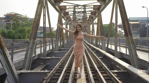 Portrait Asian Vietnamese Fashion Woman Vintage Steel Train Bridge Long — Stock Photo, Image