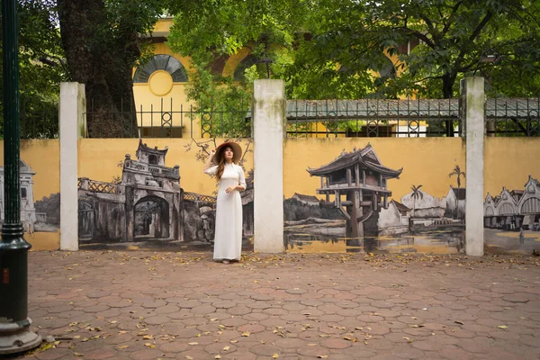 Portrait Asian Vietnamese Woman Vietnam Dress Straw Hat Graffiti Hanoi — Stock Photo, Image