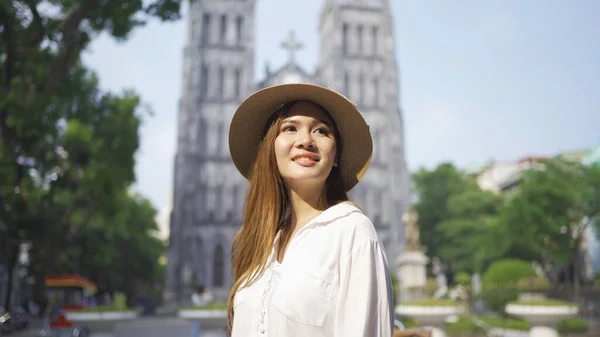 Portrait Asian Vietnamese Woman Girl Joseph Cathedral Church Traveling Hanoi — Stock Photo, Image