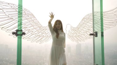 Vietnam 'ın Hanoi kentindeki çatıda kanatları olan Asyalı Vietnamlı kadın portresi..