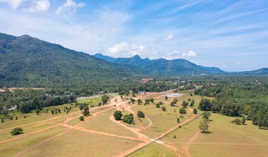 Yaz mevsiminde ulusal parktaki tropikal ormanın yukarısından yemyeşil ağaçların havadan görünüşü. Doğa manzarası. Desen dokusu arkaplanı.