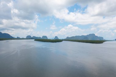 Yeşil mangrov ormanları, nehir, gölet ya da göl olan bir bahçe parkının havadan görünüşü. Doğa manzarası arka planı, Tayland.