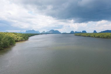 Yeşil mangrov ormanları, nehir, gölet ya da göl olan bir bahçe parkının havadan görünüşü. Doğa manzarası arka planı, Tayland.