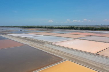 Doğal deniz tuzlu göletlerinin havadan görünüşü, göl ya da deniz. Tayland 'da geleneksel sanayide çiftlik arazisi. Asya kültürü. Tarım sulama. Nehir yansıması.