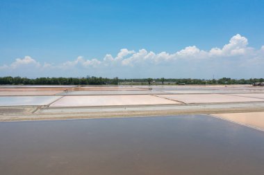 Doğal deniz tuzlu göletlerinin havadan görünüşü, göl ya da deniz. Tayland 'da geleneksel sanayide çiftlik arazisi. Asya kültürü. Tarım sulama. Nehir yansıması.