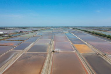Doğal deniz tuzlu göletlerinin havadan görünüşü, göl ya da deniz. Tayland 'da geleneksel sanayide çiftlik arazisi. Asya kültürü. Tarım sulama. Nehir yansıması.