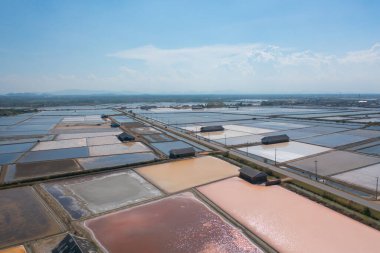 Doğal deniz tuzlu göletlerinin havadan görünüşü, göl ya da deniz. Tayland 'da geleneksel sanayide çiftlik arazisi. Asya kültürü. Tarım sulama. Nehir yansıması.