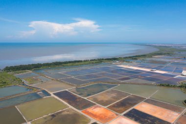 Doğal deniz tuzlu göletlerinin havadan görünüşü, göl ya da deniz. Tayland 'da geleneksel sanayide çiftlik arazisi. Asya kültürü. Tarım sulama. Nehir yansıması.