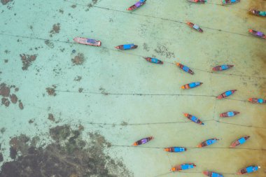 Yaz mevsiminde sahil kıyısı, nehir, göl veya turist teknelerinin hava manzarası. Doğa manzarası arka planı, Tayland.