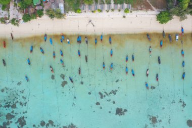 Yaz mevsiminde sahil kıyısı, nehir, göl veya turist teknelerinin hava manzarası. Doğa manzarası arka planı, Tayland.