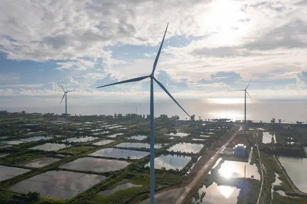 Aerial view of wind turbines or windmills farm field and sea shore beach in industry factory. water power, sustainable green clean energy, and environment concept. Nature innovation.