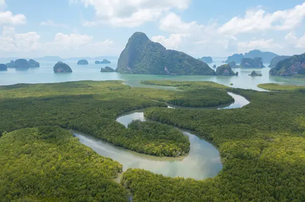 stock image Aerial top view of Samet Nangshe, Phang Nga, lush green trees from above in tropical forest in national park in summer season. Natural landscape. Pattern texture background.