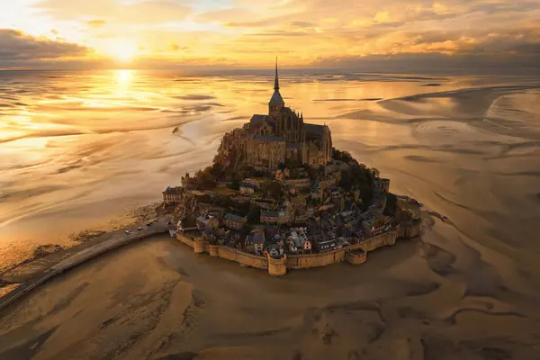 stock image Aerial top view of Mont Saint Michel castle, France. Europe.