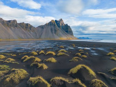 Yaz mevsiminde İzlanda adalarında deniz olan Vestrahorn dağları, Avrupa tepeleri, doğa manzarası. Hayvanlar.