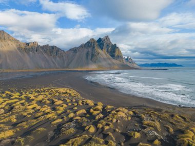 Yaz mevsiminde İzlanda adalarında deniz olan Vestrahorn dağları, Avrupa tepeleri, doğa manzarası. Hayvanlar.