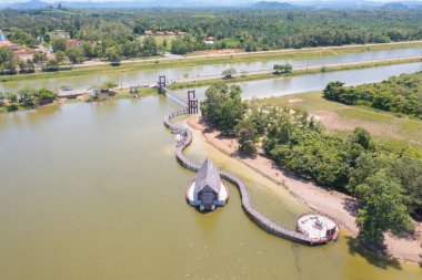 Yeşil mangrov ormanları, nehir, gölet ya da göl olan bir köprü manzarası. Doğa manzarası arka planı, Tayland.