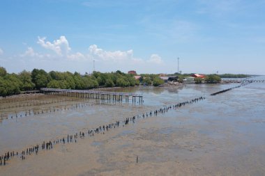 Gökkuşağı köprüsünün deniz, nehir, göl ya da göl manzarası. Doğa manzarası, Samut Sakhon, Tayland.