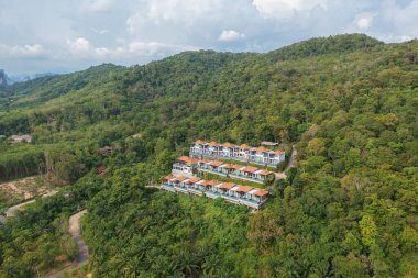 Otelin çatısındaki havuz manzarası, orman ağaçlı apartman, şehir merkezi. Tatil tatili konseptinde yaz sezonunda dinlenmek. Eğlence yaşam tarzı.