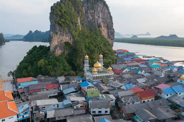 stock image Aerial view of Koh Panyee, The Floating village urban city town houses, lake sea or river. Nature landscape fisheries and fishing tools at Pak Pha, Phang Nga, Thailand. Aquaculture farming