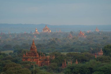 Bagan şehrinin burma tapınaklarının havadan görünüşü balondan, unesko dünya mirasından orman ağaçları, Myanmar veya Burma 'dan. Turizm beldesi.