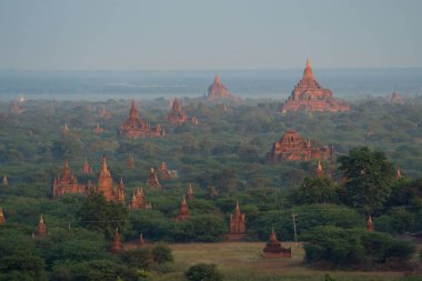 Bagan şehrinin burma tapınaklarının havadan görünüşü balondan, unesko dünya mirasından orman ağaçları, Myanmar veya Burma 'dan. Turizm beldesi.