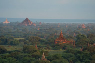 Bagan şehrinin burma tapınaklarının havadan görünüşü balondan, unesko dünya mirasından orman ağaçları, Myanmar veya Burma 'dan. Turizm beldesi.