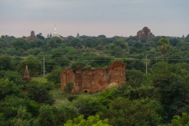 Bagan şehrinin burma tapınaklarının havadan görünüşü balondan, unesko dünya mirasından orman ağaçları, Myanmar veya Burma 'dan. Turizm beldesi.