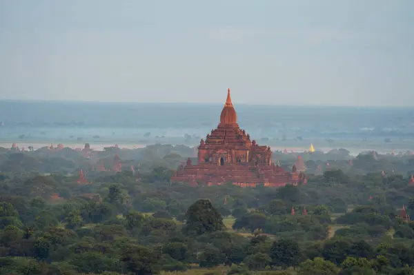 Vista Aérea Superior Dos Templos Birmaneses Bagan City Partir Balão — Fotografia de Stock