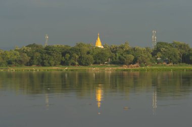 Bagan şehrinin Birmanya tapınakları balondan, orman ağaçları, Myanmar ya da Burma 'nın unesko dünya mirasından. Turizm beldesi.