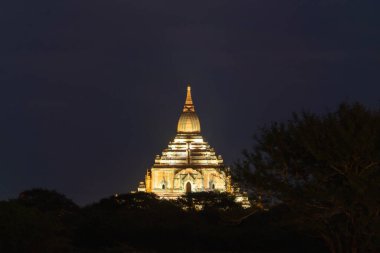 Bagan şehrinin Birmanya tapınakları balondan, orman ağaçları, Myanmar ya da Burma 'nın unesko dünya mirasından. Turizm beldesi.