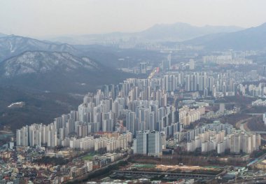 Güney Kore, Seul şehir merkezi Skyline 'ın hava görüntüsü. Finansal bölge ve Asya 'nın akıllı kentsel kentindeki iş merkezleri. Gökdelen ve yüksek binalar.