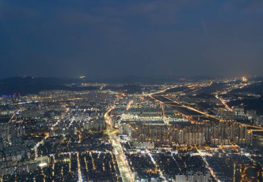 Güney Kore, Seul şehir merkezi Skyline 'ın hava görüntüsü. Finansal bölge ve Asya 'nın akıllı kentsel kentindeki iş merkezleri. Gökdelen ve yüksek binalar.