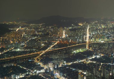 Güney Kore, Seul şehir merkezi Skyline 'ın hava görüntüsü. Finansal bölge ve Asya 'nın akıllı kentsel kentindeki iş merkezleri. Gökdelen ve yüksek binalar.