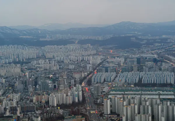 Vista Aérea Seul Downtown Skyline Coreia Sul Distrito Financeiro Centros Imagens Royalty-Free