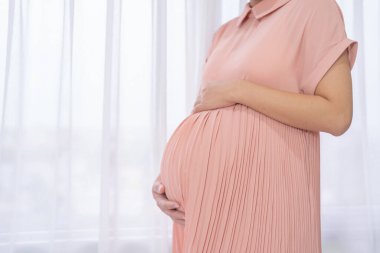 Evdeki yatak odasında mutlu Asyalı hamile bir kadının portresi. Bebek sahibi olmak. Aile hayatı işte. Aşk.