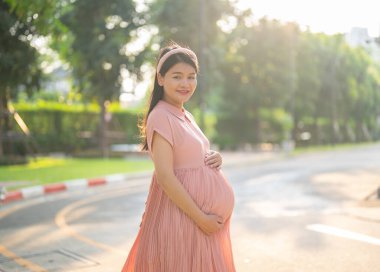 Mutlu Asyalı hamile kadın portresi halka açık bahçe parkında tatilde yürüyor. Anne sevgisi. Bebek sahibi olmak. Aile hayatı..