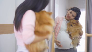 Mutlu Asyalı hamile kadın portresi ve evcil köpek evcil hayvanı yatak odasında. Bebek sahibi olmak. Aile hayatı işte. Annen seni seviyor.