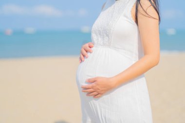 Deniz kıyısında mutlu bir Asyalı hamile kadının portresi. Bebek sahibi olmak. Aile hayatı işte. Annen seni seviyor.