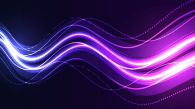 Parlayan mavi ve mor dijital dalgalarla modern soyut teknoloji arka planı. Dinamik çizgiler ve parlak parçacıklar canlı, fütüristik bir akış oluşturur..
